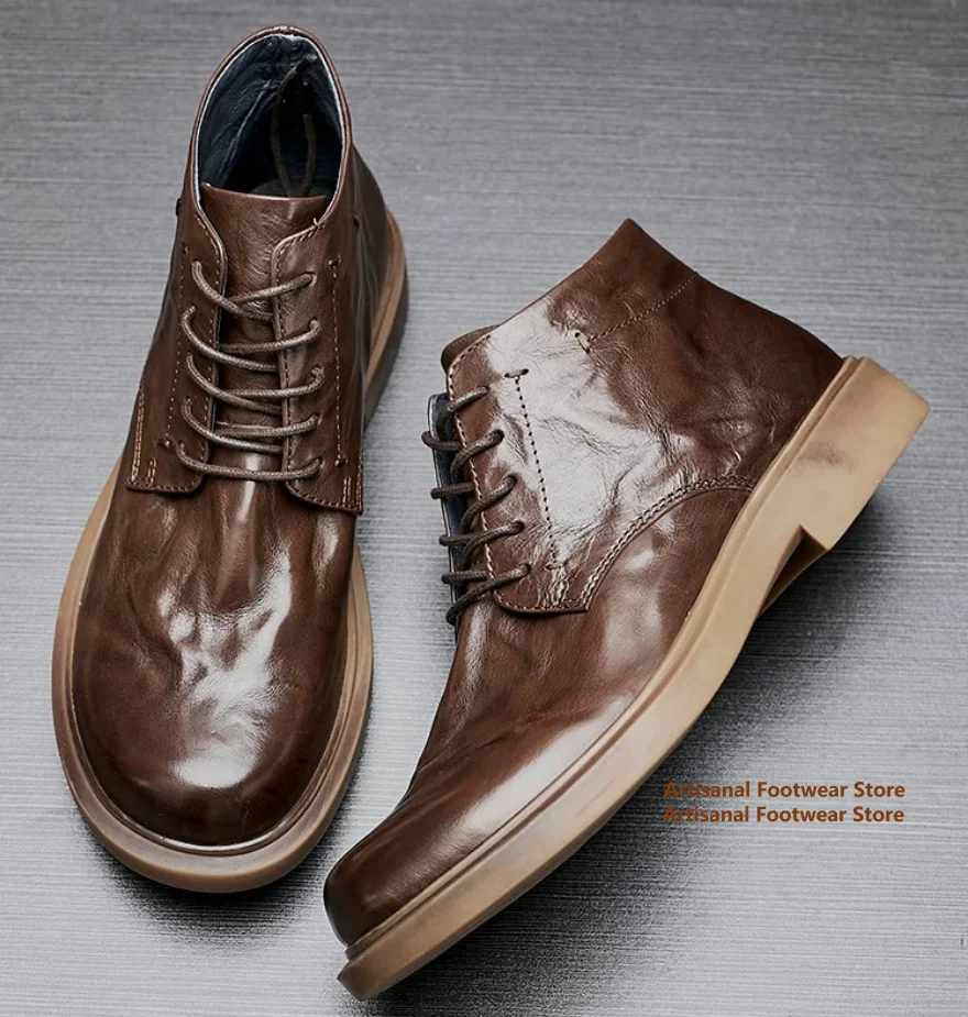 Schwarze/braune Rindslederstiefel, Business-Casual, handgefertigte High-Top-Kurzstiefel, modische, verschleißfeste Schnürstiefel, Herrenschuhe