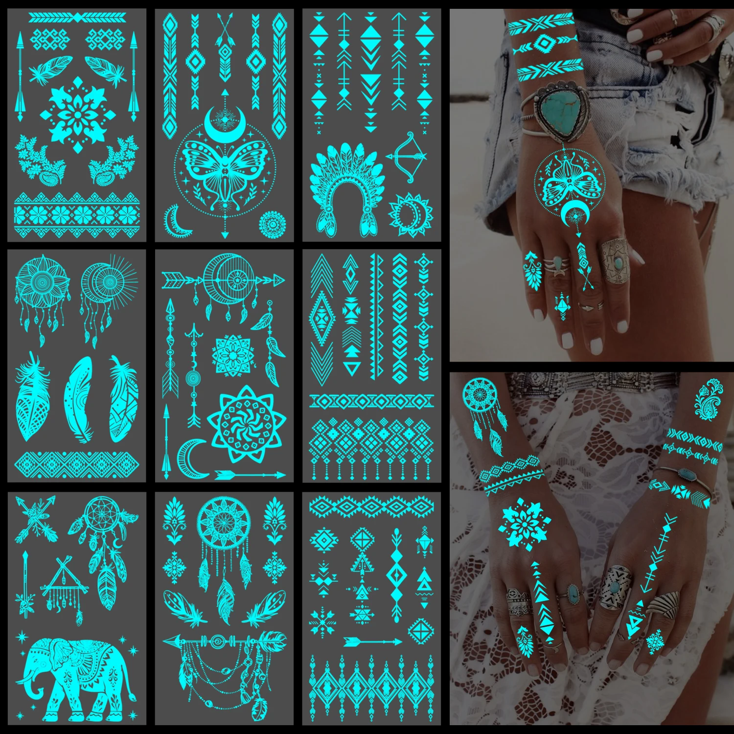 10 Blatt im Dunkeln leuchtende Tattoos für Frauen und Mädchen, leuchtende temporäre Hand-Tattoos, Arm-Hände und Rave-Boho-Festival-Accessoires Image