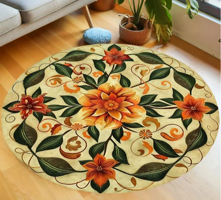 Runder Teppich mit Gänseblümchen-Motiv in Schwarz und Gold mit verziertem Rand, Vintage-Stil, weich, flauschig, luxuriös, für Wohnzimmer und Schlafzimmer Image