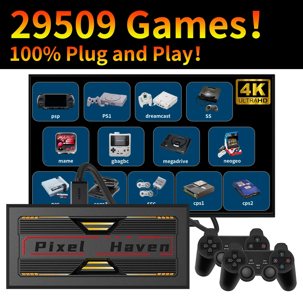 4K HD Retro Game Box Pixel Haven Videospielkonsole Plug&Play für TV 29000+Spiele für DC/PS1/PSP/SS/MAME/NES/Sega mit Controller Image