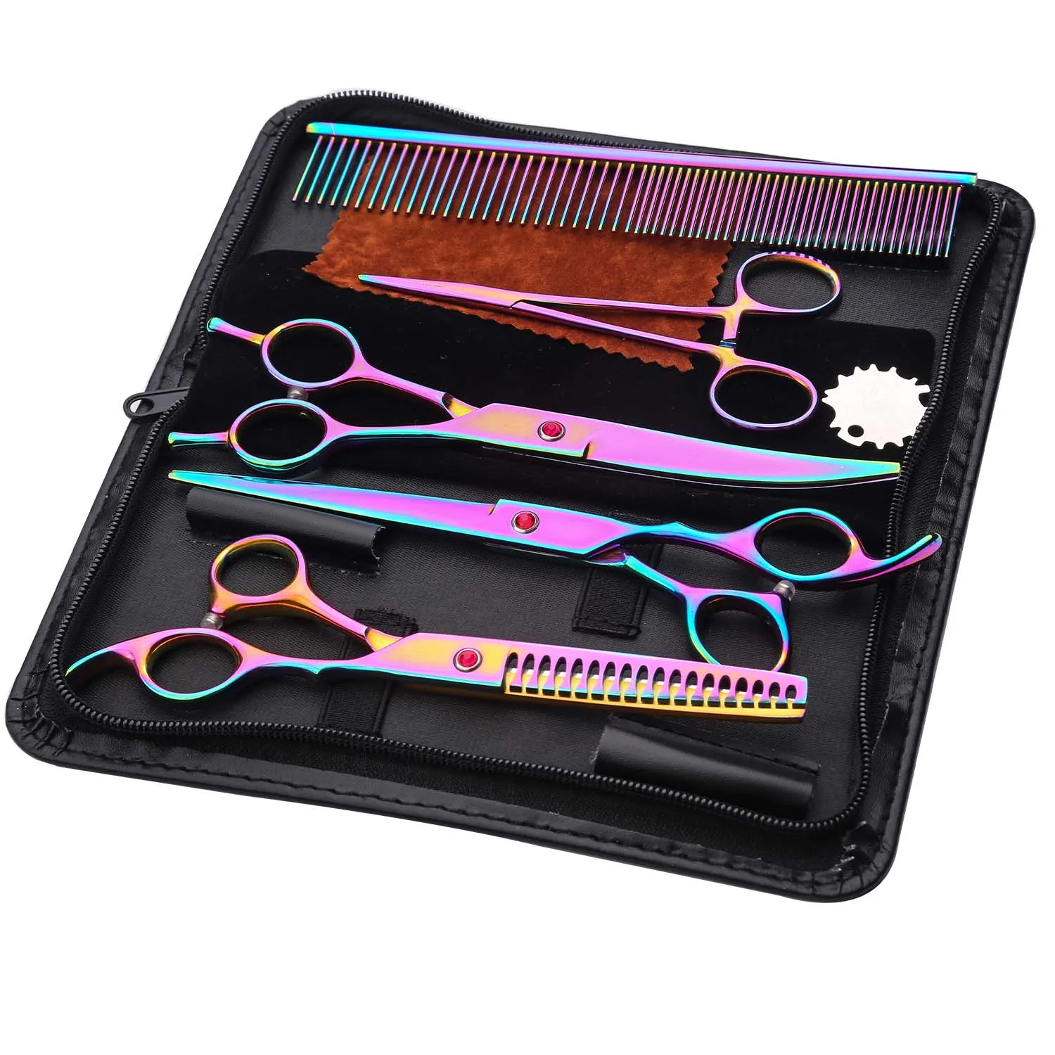 Professionelles Fellscheren-Set für Haustiere – lebendiger, schillernder Edelstahl, Rechtshänder-Haarschneidewerkzeuge für Hunde und Katzen mit Kamm Image