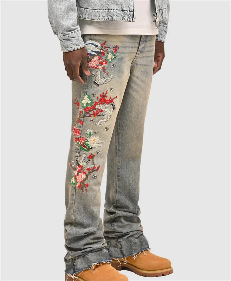 2025 männer Vintage Gestickte Gerade Jeans Y2K Fashion Floral Design Punk Stil Hosen Stretch Männliche Streetwear Denim Hosen