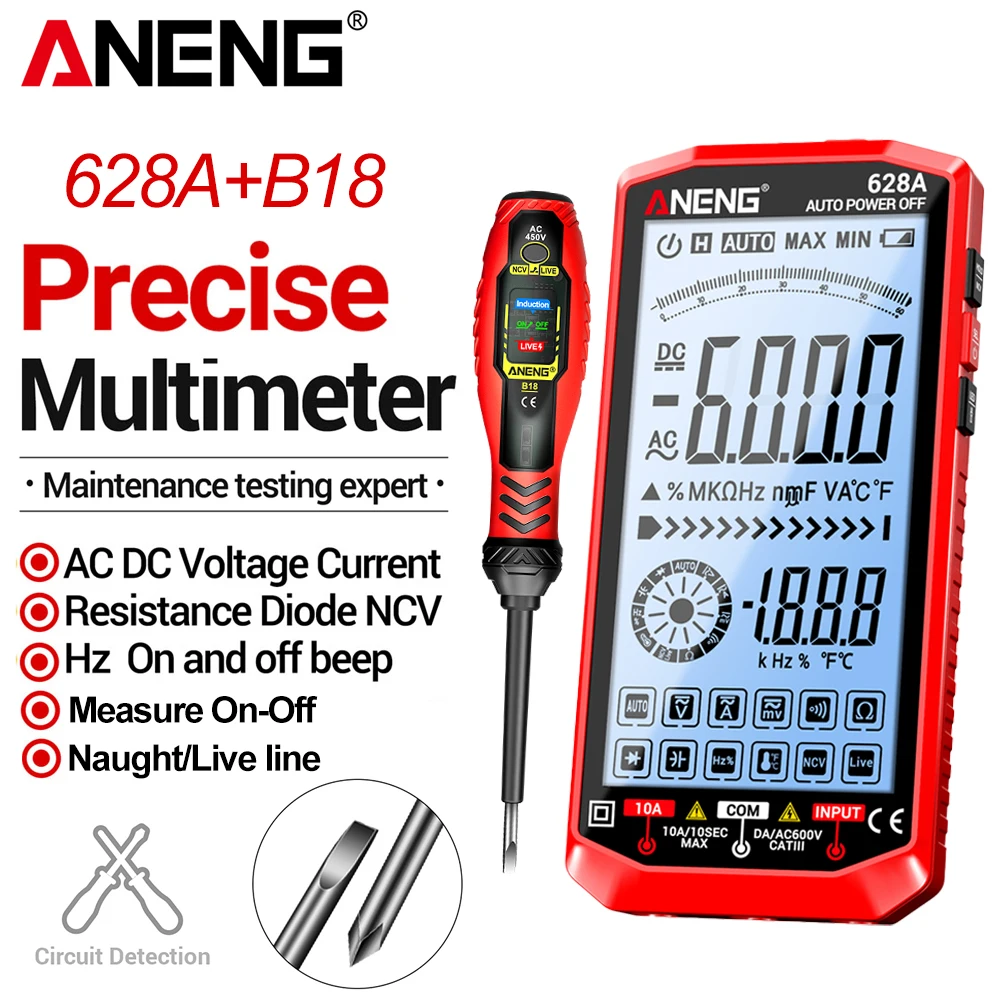 Digitalmultimeter, professionell, 6000 Zählungen, 628 A + B18, Wort-/Kreuz-Schraubendreher, Spannung, AC/DC-Spannung, Strom, Amperemeter, Detektor-Test Image
