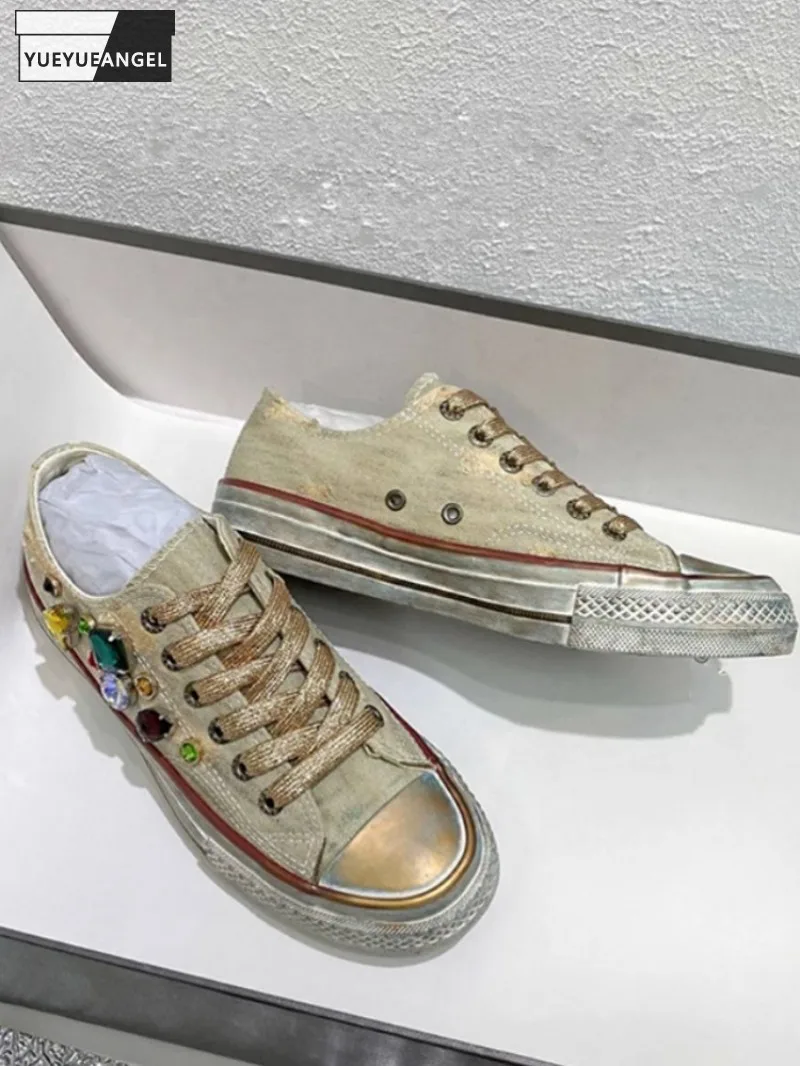 Vintage Damen Low Cut Lace Up Canvas Schuhe Bunte Diamanten Nieten Freizeitschuhe Dicke Plateau Flats Designer Joggers Sneakers