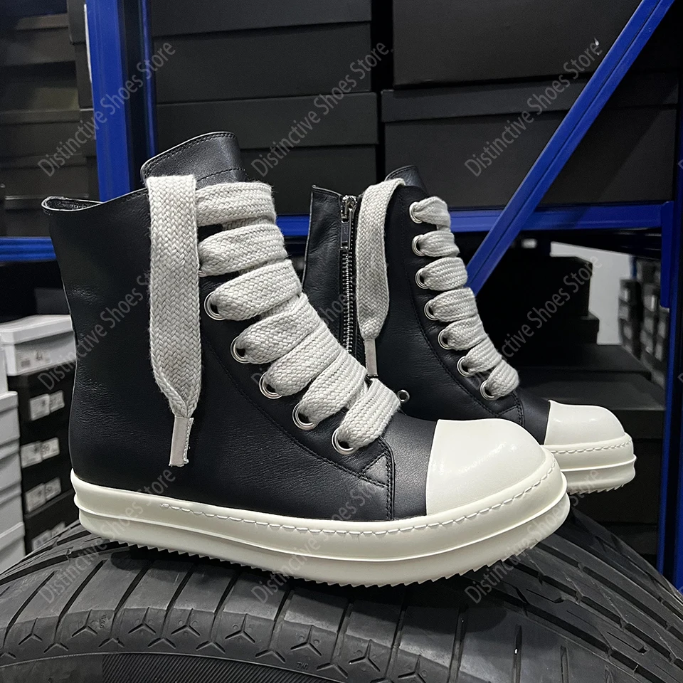 Marke Männer Schuhe Für Frauen Echtes Leder Dicke Schnürsenkel High Top Stiefeletten Vintage Original Luxus High Street Schwarz Turnschuhe