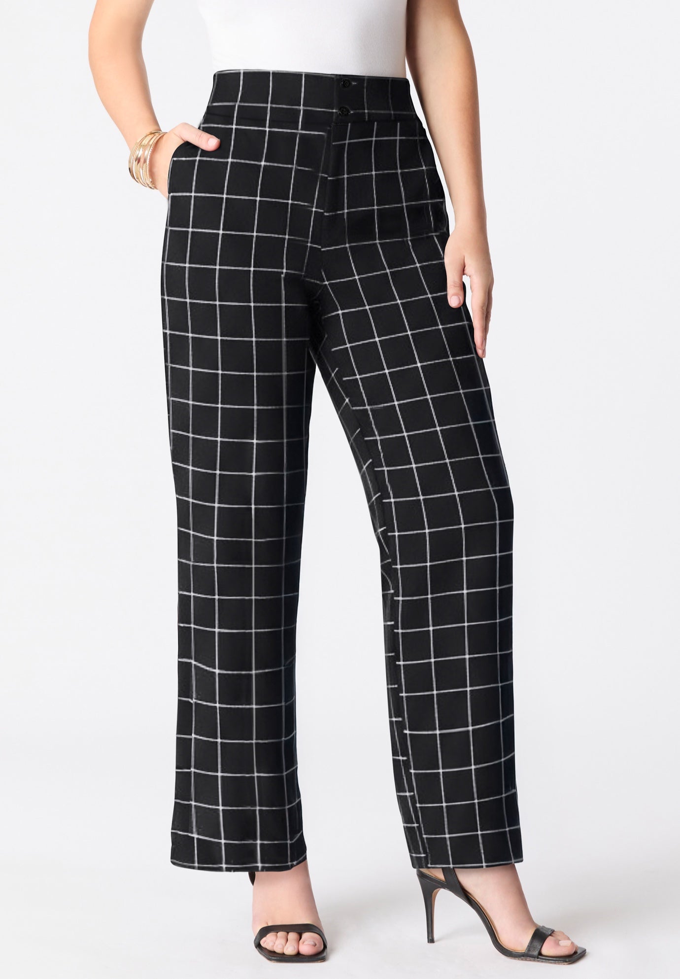 Plus Size Women's Plus Size Bi-Stretch Wide Leg Pant by Roaman's in Windowpane (Size 12 W)