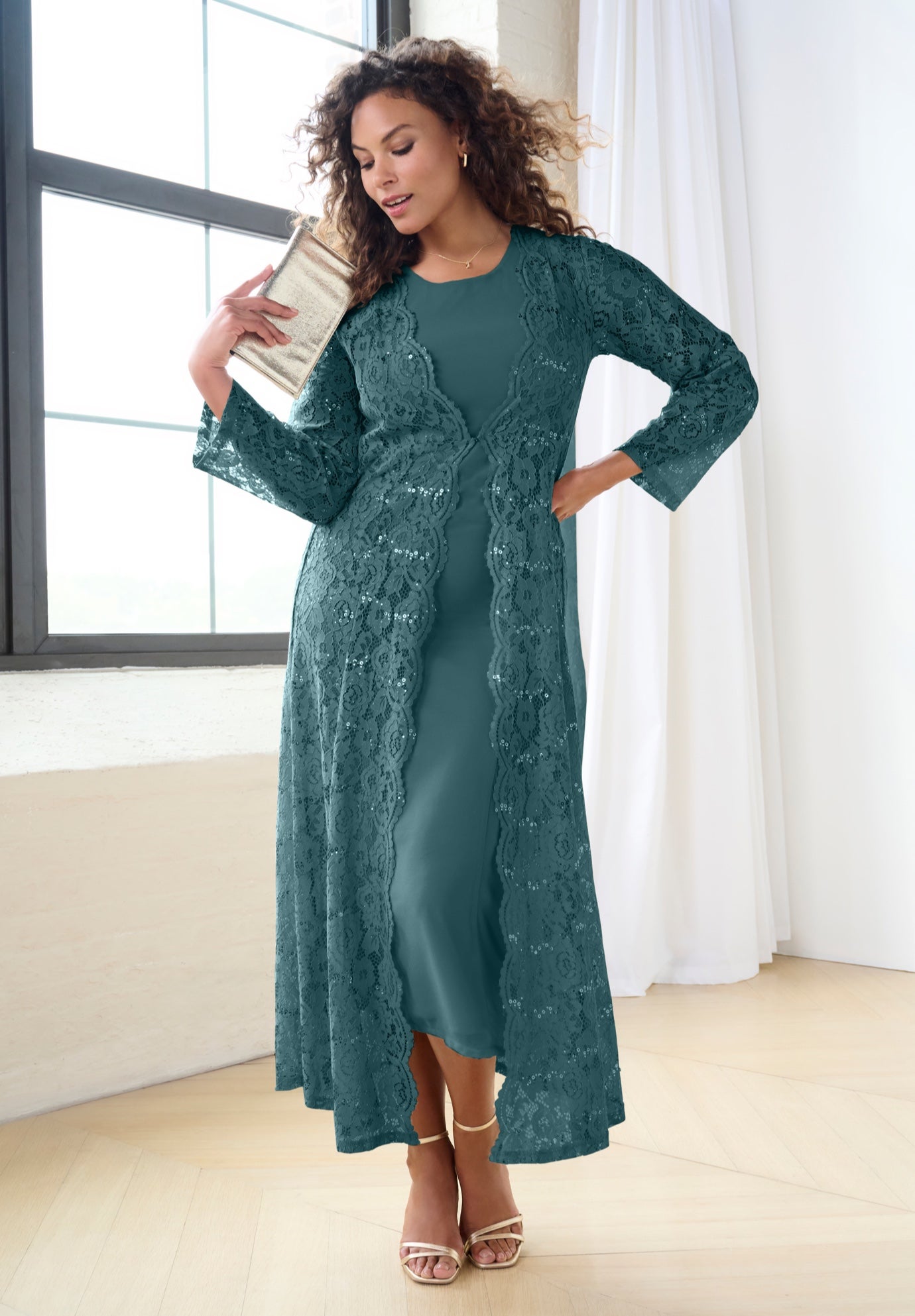 Plus Size Women's Lace Jacket Maxi Dress Set by Roaman's in Mystic Pine (Size 24 W)