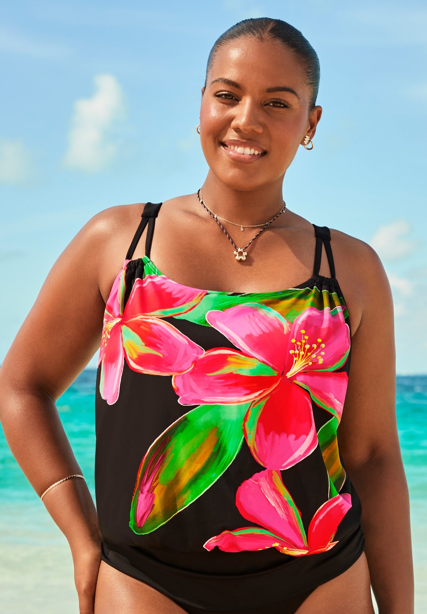 Plus Size Women's Loop Strap Blouson Tankini Top by Swimsuits For All in Pink Floral Bloom (Size 28)