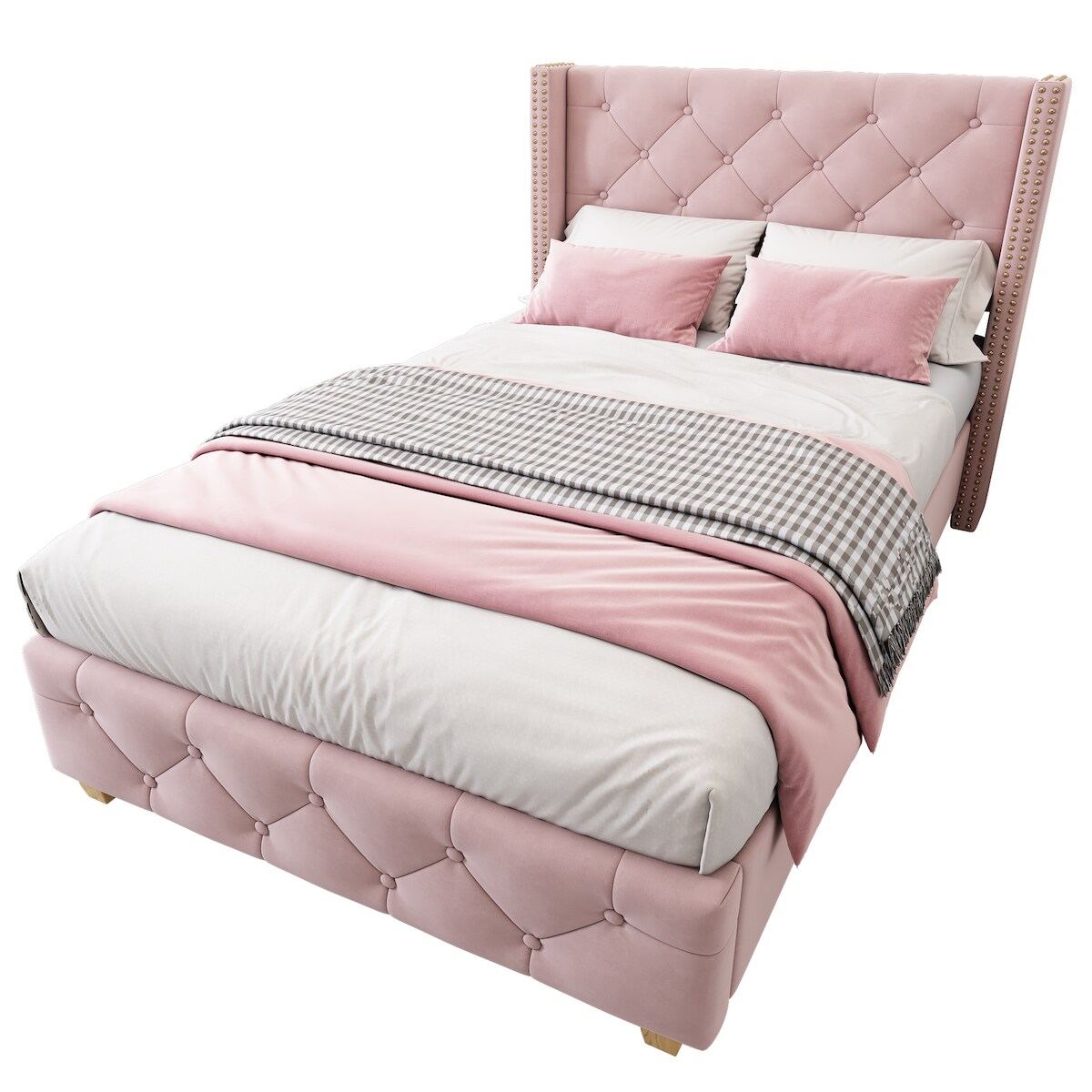 OKWISH Polsterbett 90x200 cm aus Samt mit Kopfteil und Lattenrost – Elegantes Design in Rosa mit Knopf-Tufting und Nietenverzierungen Image
