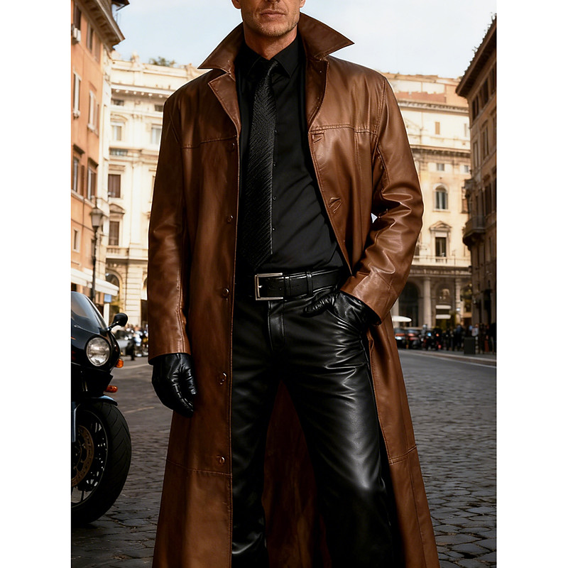 Men's Faux Leather Jacket Winter Coat Overcoat Long Trench Coat Trench Coat Outdoor Casual Fall Winter Faux Leather Thermal Warm Outerwear Clothing Apparel Contemporary Classic Plain Pocket Notch