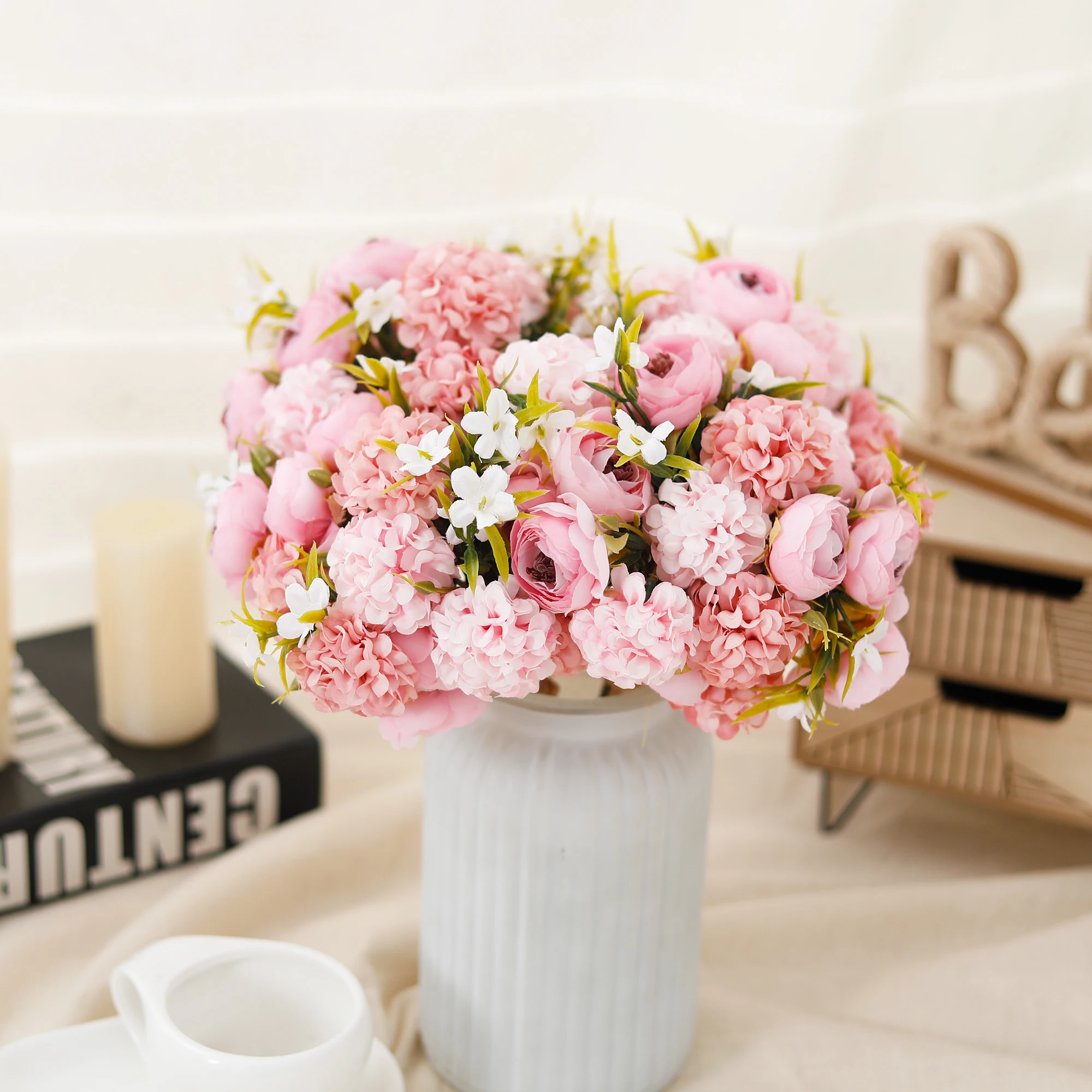 Kahaul Rose Rosa Seidenstrauß Künstliche Blume Hortensie Hochzeit Heimdekoration Weihnachtsfeier Garten Wohnzimmer Tischdekoration Image