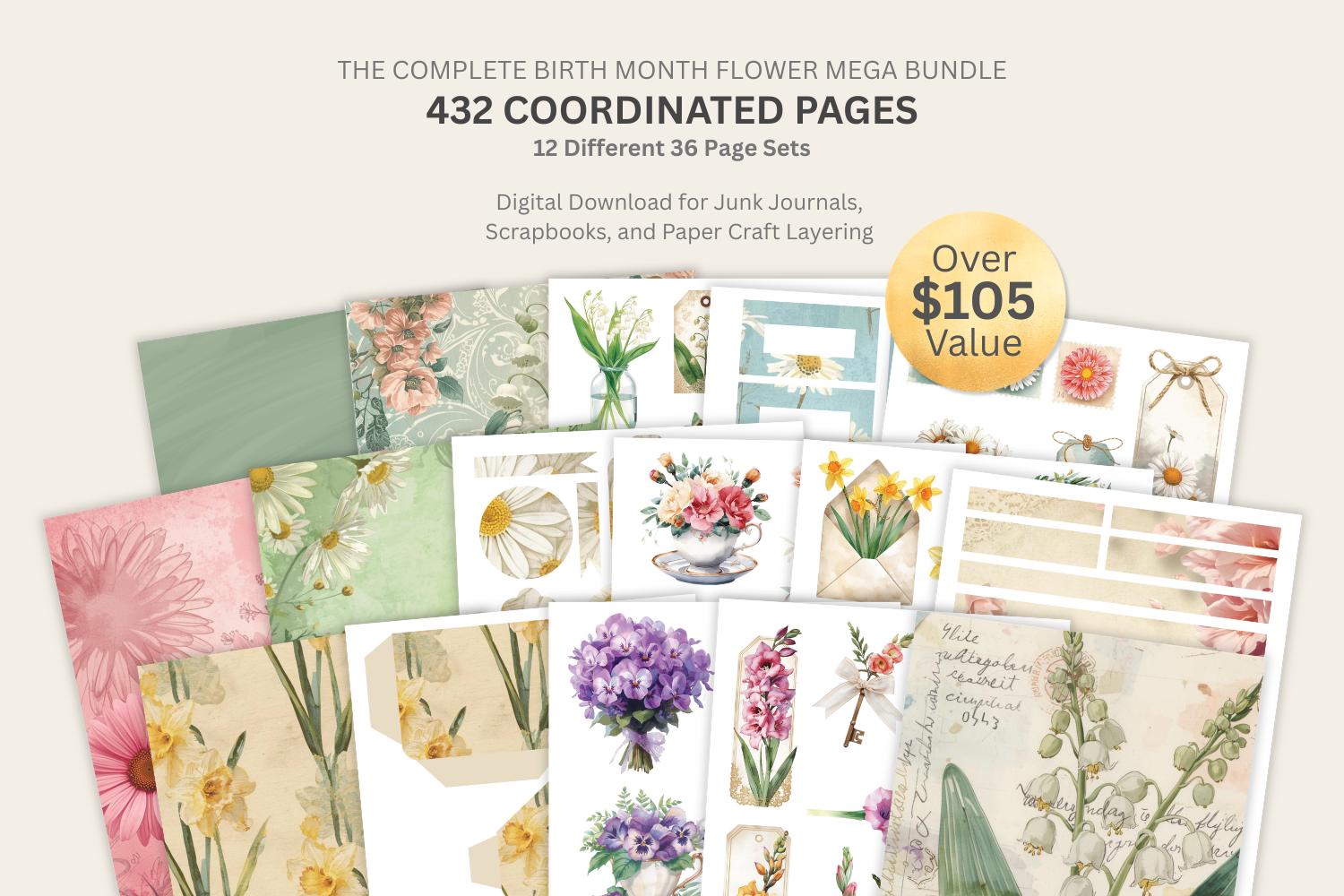 Mega Bundle Kit Floral Junk Journal, fiori del mese di nascita, set di effimeri stampabili, pacchetto di carta digitale, pagine di scrapbooking florea