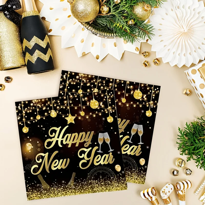 20 Stück Silvester Geschirr 2026 Schwarz Gold Einwegservietten Farbige Lichter Frohes Neues Jahr Musterdruck Partyzubehör Image