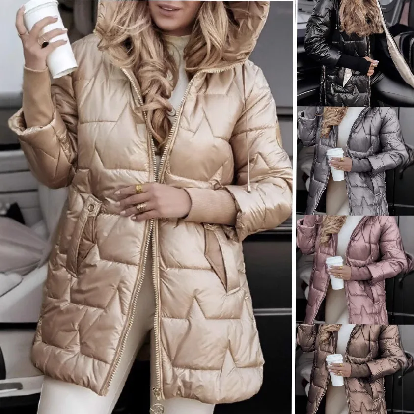 Parka Cappotto da donna Giacca imbottita in cotone Capispalla con cappuccio Tasche calde spesse invernali Piumino con cerniera Cappotto di media lunghezza antivento