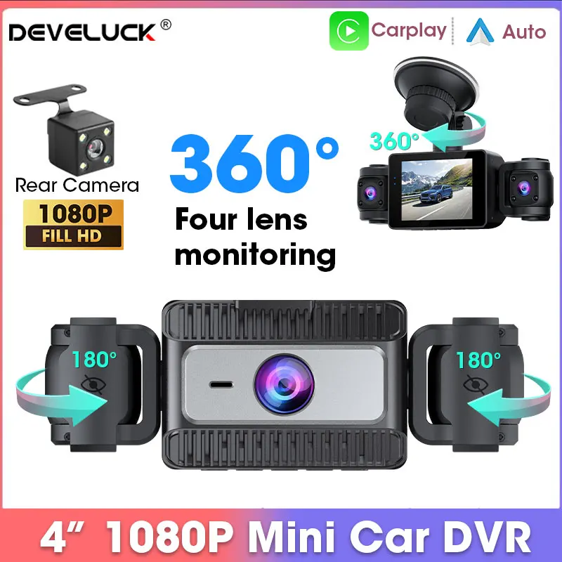 Develuck 4" Mini 1080P Auto-DVR 4-Kanal-Touchscreen-Dashcam-Videorecorder vorne und hinten innen Kamera WiFi-Fernbedienung Image