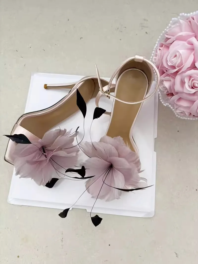 Feder Designer Blume Dünne High Heel Dame Sandalen Frauen Offene spitze One-strap frauen Schuhe Bankett Ankle Strap sommer Schuhe