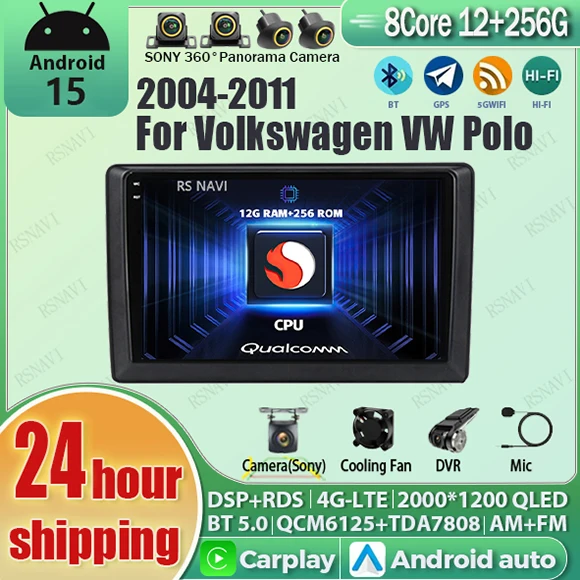 Android 15 Carplay Auto 2K Bildschirm Auto Radio Multimedia Für Volkswagen VW Polo 2004-2011 WIFI + 4G DSP Autoradio Stereo Kopf Einheit Image