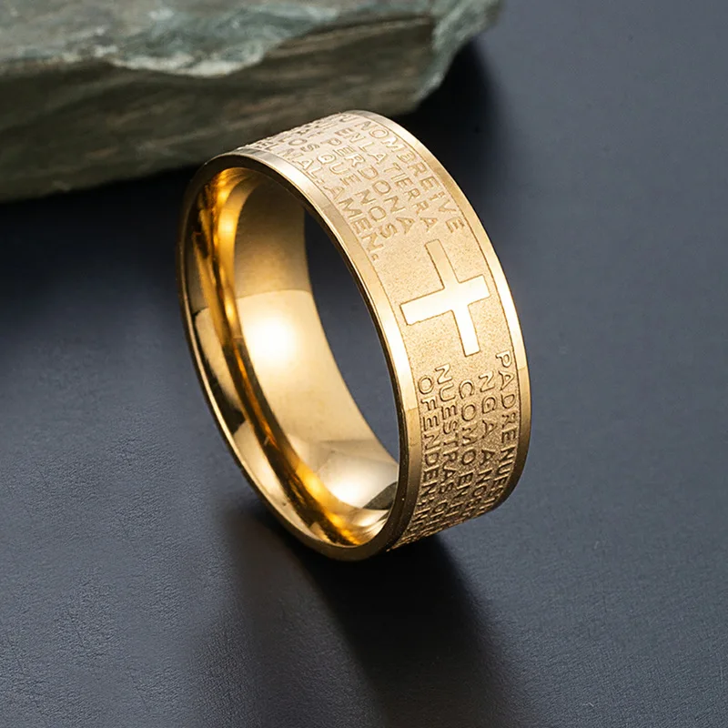 7mm Ton Spanisch Golden Die Heilige Bibel Gebet Kreuz Ring Edelstahl Ringe Großhandel