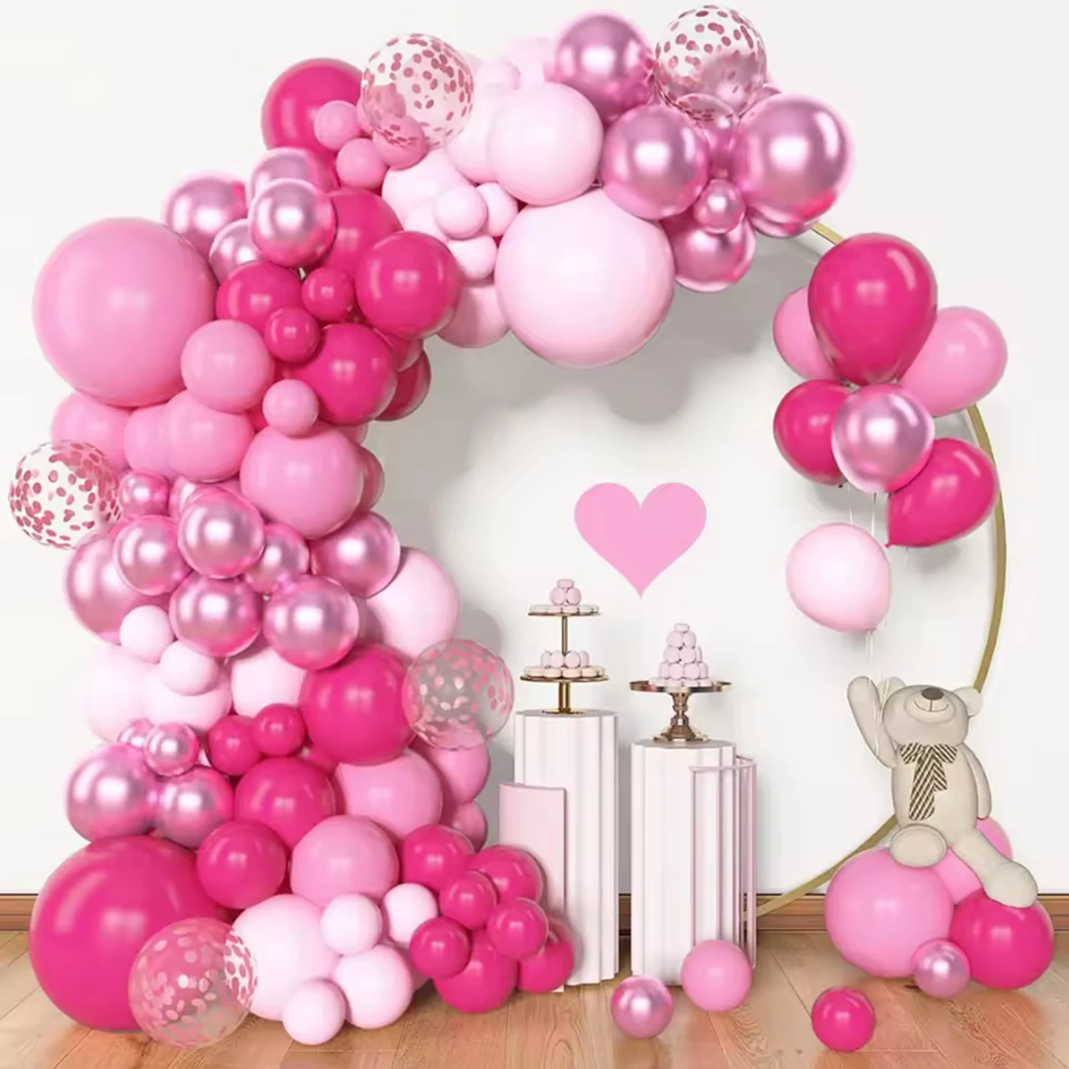 153 Stück rosa Ballon-Girlandenbogen-Set, verschiedene Größen 18 12 10 5 Zoll rosa Latex-Metallkonfetti rosa Ballon-Geburtstagsprinzen Image