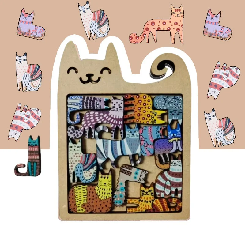 1PCS Holz Katze Form Puzzles Mini Unregelmäßige Tier Katze Stücke Tisch Spiele Montessori Kinder Kreative Pädagogisches Spielzeug Image