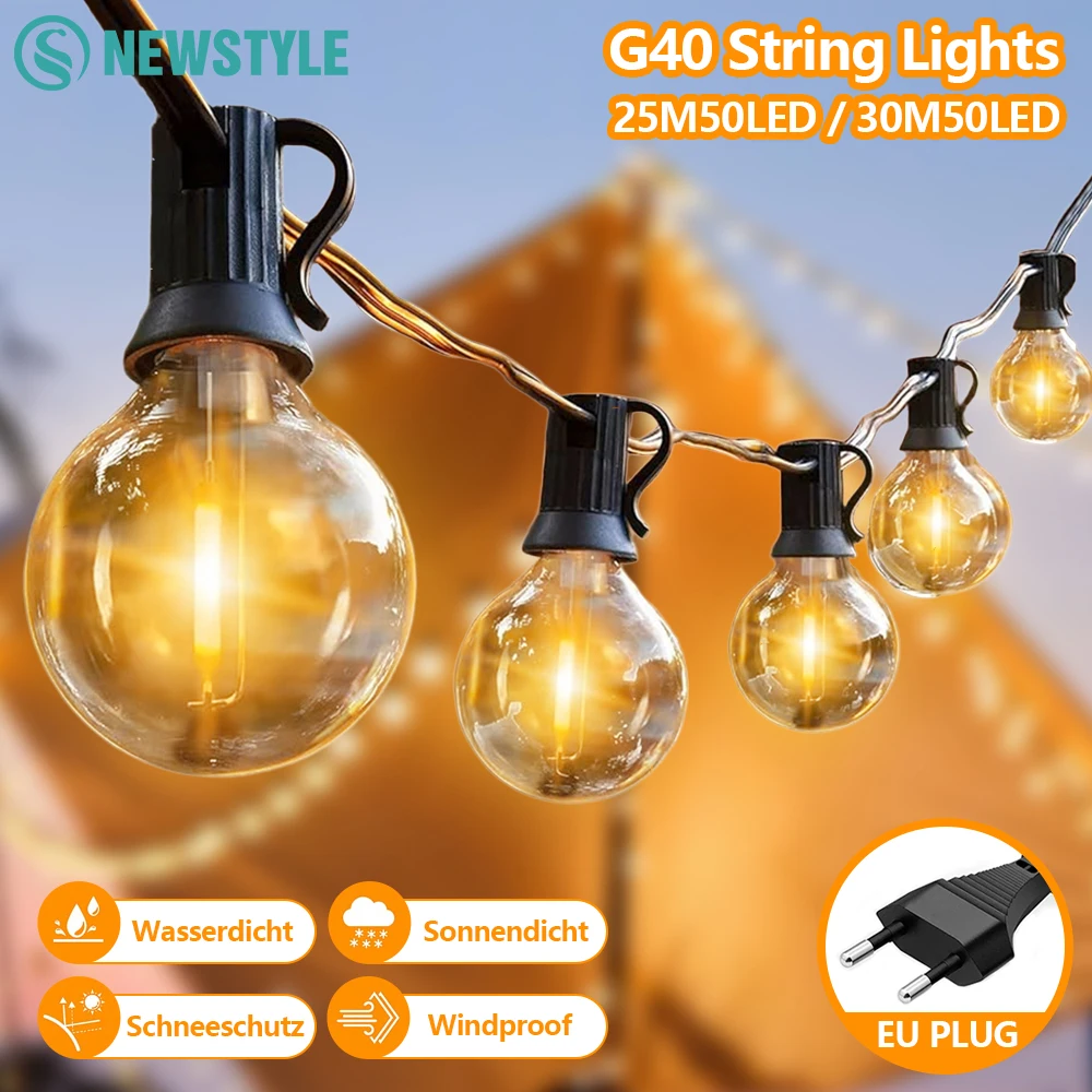 Luci a corda per esterni 30M G40 Luci da patio a LED Spina europea 50 lampadine Edison 2 luci a sospensione impermeabili di ricambio per decorazioni per feste in cortile