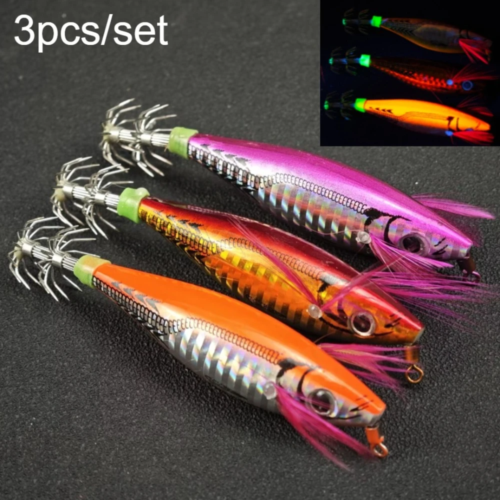 3 teile/satz 9,5 cm Glow Horizontale Tintenfisch Jig Locken Salzwasser Tintenfisch Jig Haken Garnelen Köder Tintenfisch Garnelen Köder Angeln Zubehör Image