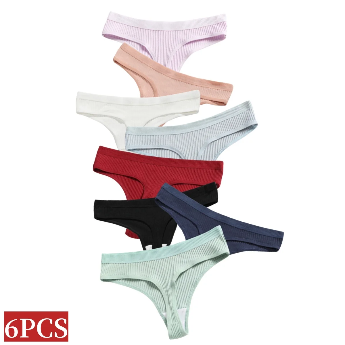 6 Teile/satz Frauen Baumwolle Thongs Höschen Weibliche Rippen Low Rise G-String Damen Sexy Bikini 8 Einfarbig Mädchen Weiche M-2XL dessous Image