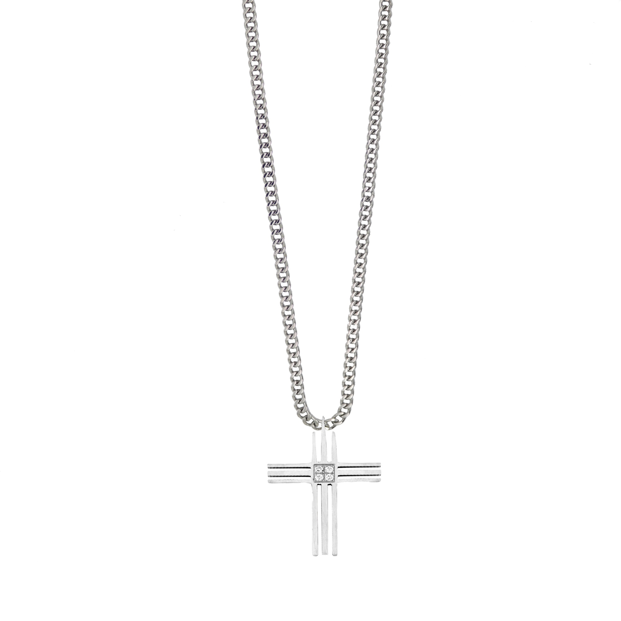 The Jewellery Stockroom Womens Stainless Steel Grooved Cross Pendant With CZ Centre - 20 Inches - Silver - One Size