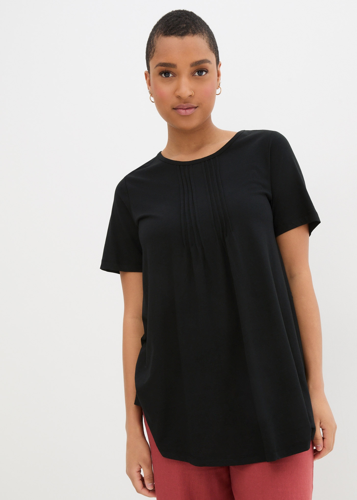 T-Shirt BONPRIX "T-Shirt in A-Linien-Form, kurzarm", Damen, Gr. 56/58 (XXXL), schwarz, Obermaterial: 50% Baumwolle, 50% Viskose, A-Linie, Shirts T-Shirt, T-Shirt in A-Linien-Form, kurzarm