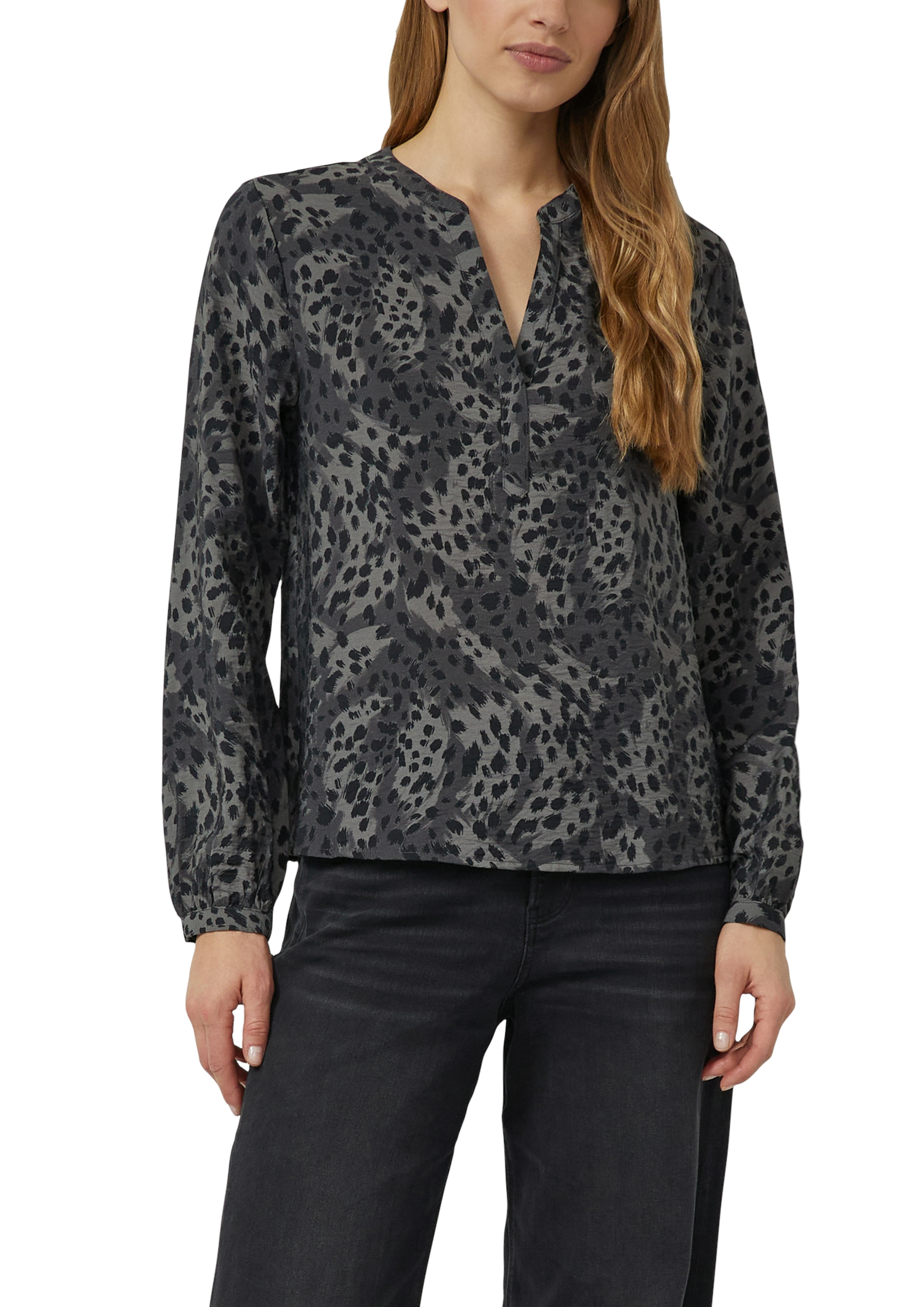 Langarmbluse S.OLIVER, Damen, Gr. 44, grau schwarz, Web, Obermaterial: 84% Viskose, 16% Polyamid, animal-print, regular fit normal, Rundhals, elastischer Bund, Blusen