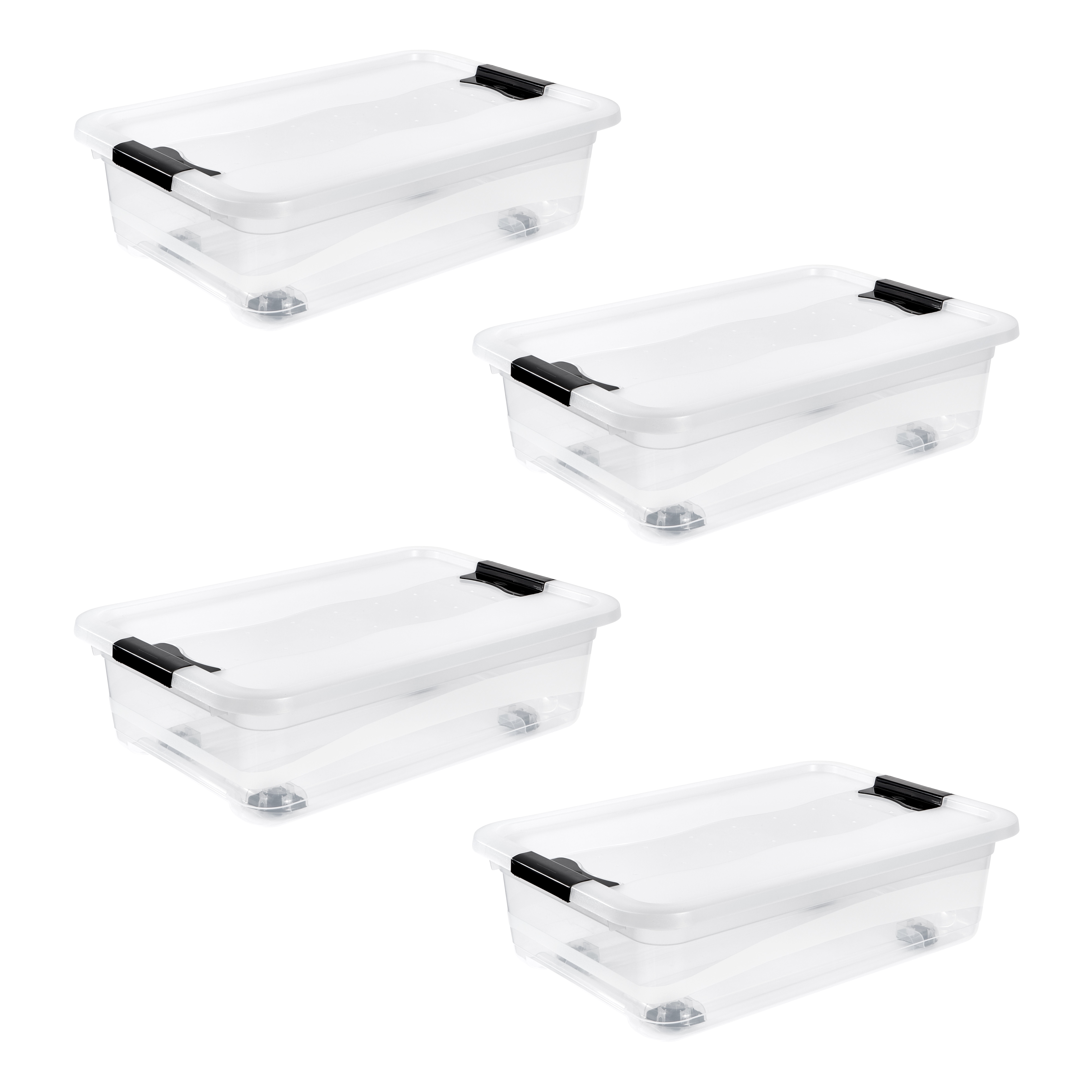 Aufbewahrungsbox KEEEPER "Konrad, Box mit Rollen, 4er Set, 28 L, 59,5 x 39,5 x 18 cm", transparent, B:59,5cm H:18cm T:39,5cm, Kunststoff, Aufbewahrungsboxen, Aufbewahrungsbox, durch Clips verschließbar, Griffe und Rollen am Boden