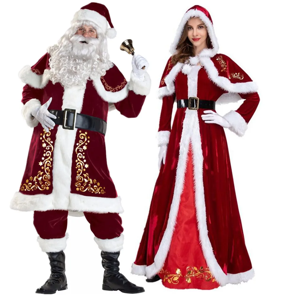 Plus Größe Deluxe Samt Erwachsene Weihnachten Kostüm Cosplay Paar Santa Claus Kleidung Phantasie Kleid Weihnachten Uniform Anzug Für Männer Frauen Image