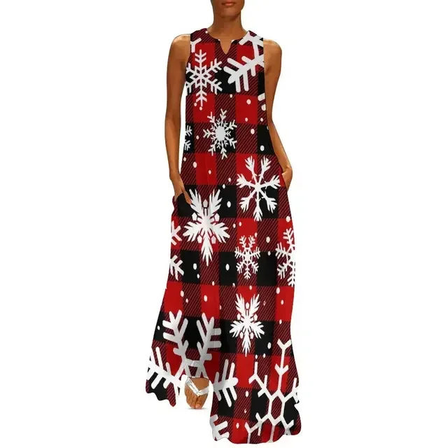 Weihnachten Schneeflocke Drucken Langes Kleid Für Frauen Rot Plaid Casual Sexy V-ausschnitt Robe Kleid Damen Vintage Maxi Kleid Große Größe 3XL