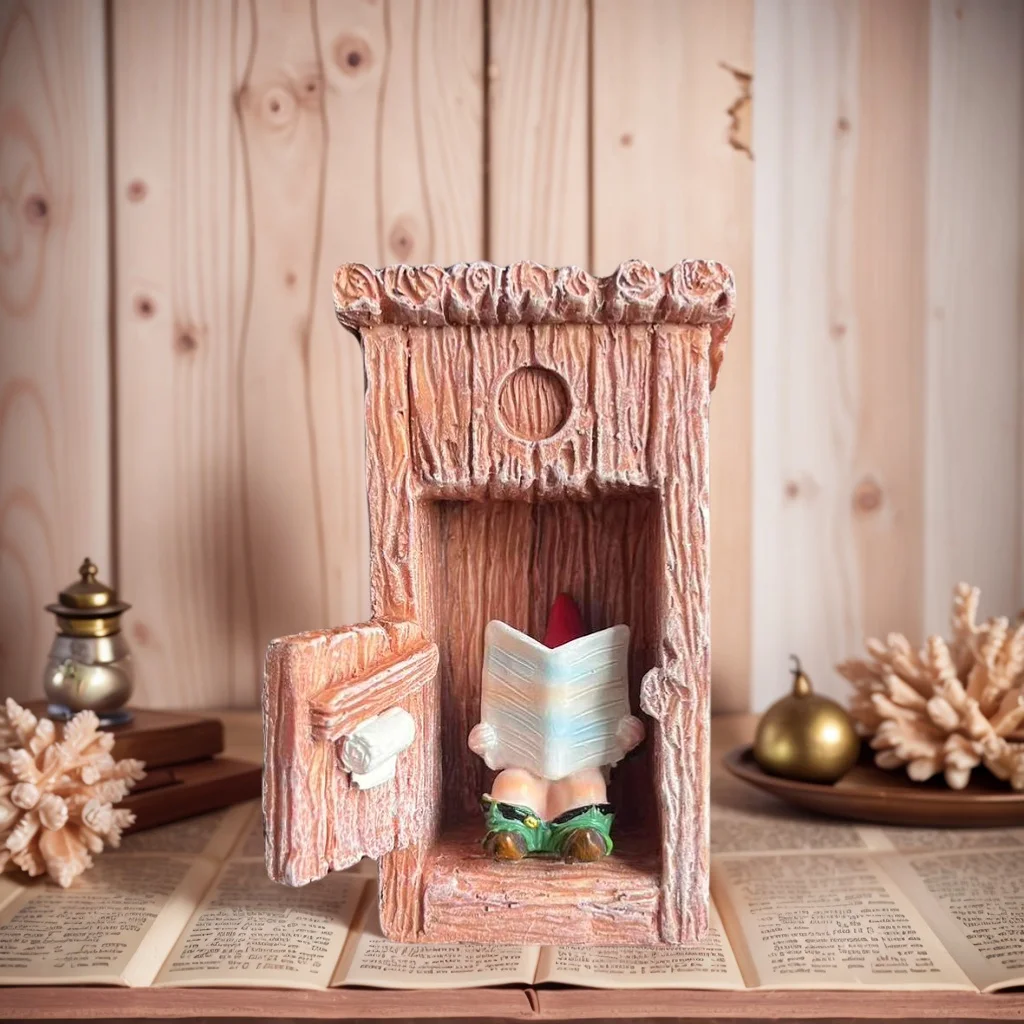 1-teilige schrullige Zwerg-Toiletten-Lesestatuen-Ornamente, lustige Hausform aus Holz, kreative Dekoration für den Garten-Balkon-Desktop, neuartiges Geschenk für den Urlaub