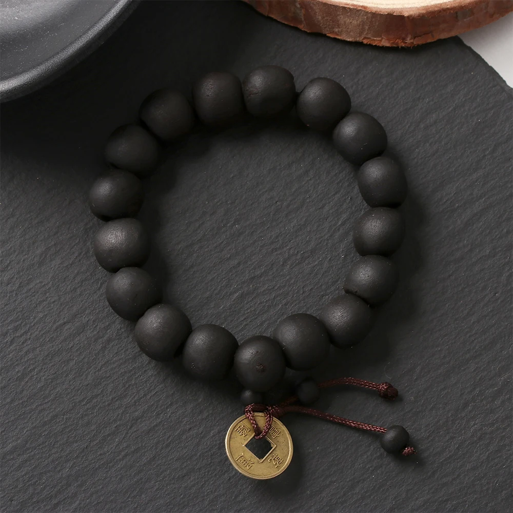 1 pz perline di legno nuovo braccialetto di Buddha braccialetto buddista perline di preghiera moneta di rame donna uomo fortunato religione bracciali gioielli di fascino