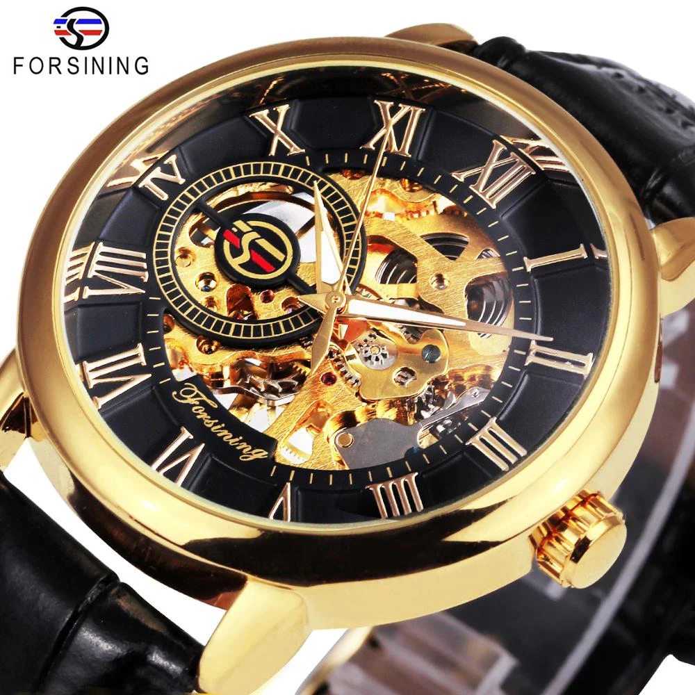 Klassische Transparente Skeleton Mechanische Uhr für Männer Leucht Hände Luxus Marke Retro Herren Uhren Lederband Forsining Image