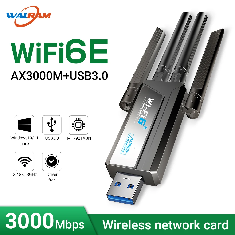 WALRAM 3000Mbps USB WiFi 6E AX3000M Drahtlose Netzwerkkarte Dual Band USB 3,0 2,4G/5GHz 802,11 AE WiFi Empfänger Adapter Für Win11/10 Image