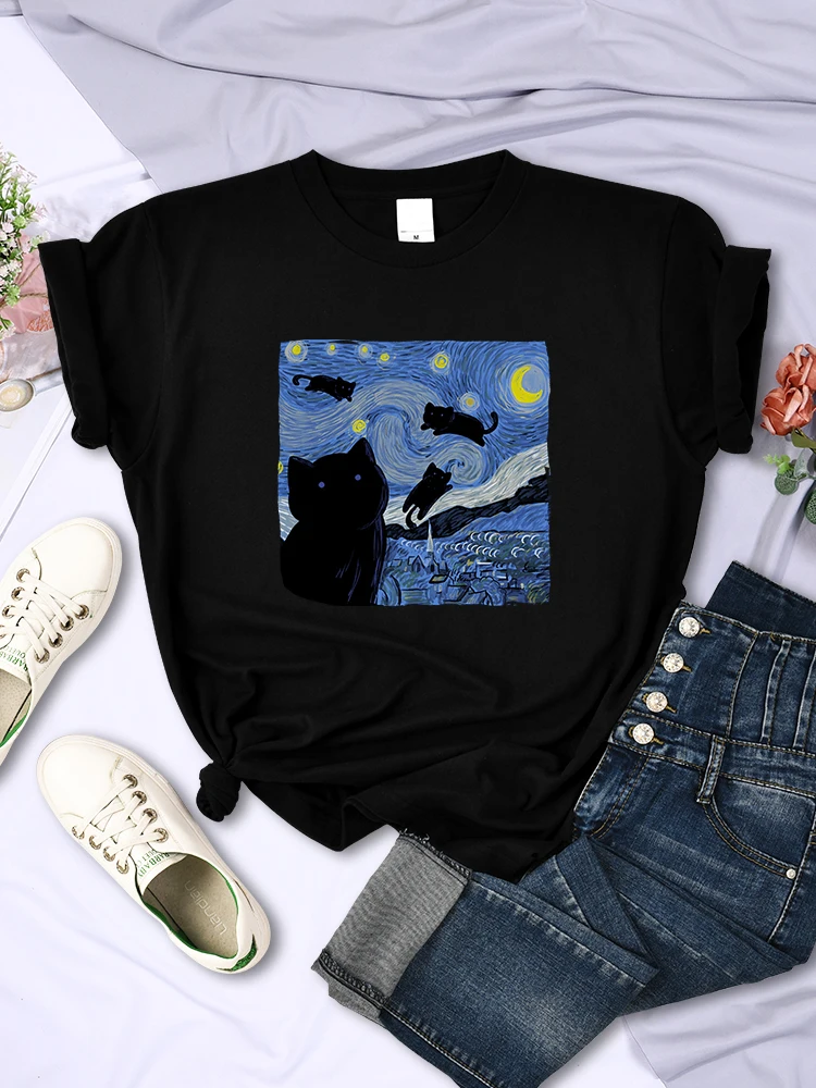 Die sternen klare Katze Nacht Frauen T-Shirts Mode atmungsaktive coole Kurzarm Street Hip Hop Tops lässige All-Mathe weibliche T-Shirt Kleidung Image