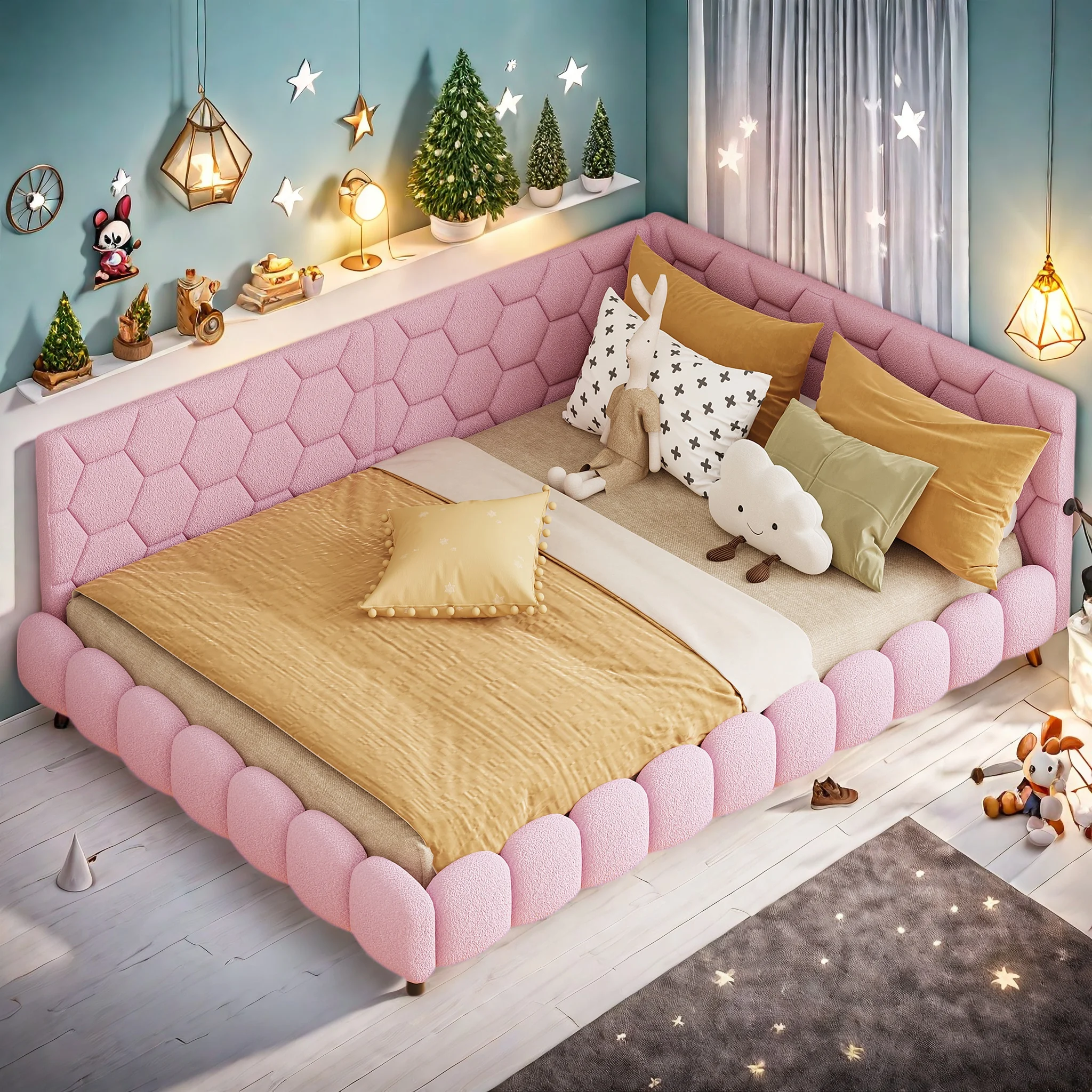 Polsterbett 140x200cm mit LED, Schlafsofa mit USB Ladebuchse, Jugendbett mit Samt und MDF, Bettgestell mit Lattenrost, Bequemes Bettsofa und Gästebett, ohne Matratze (Weiß) Image