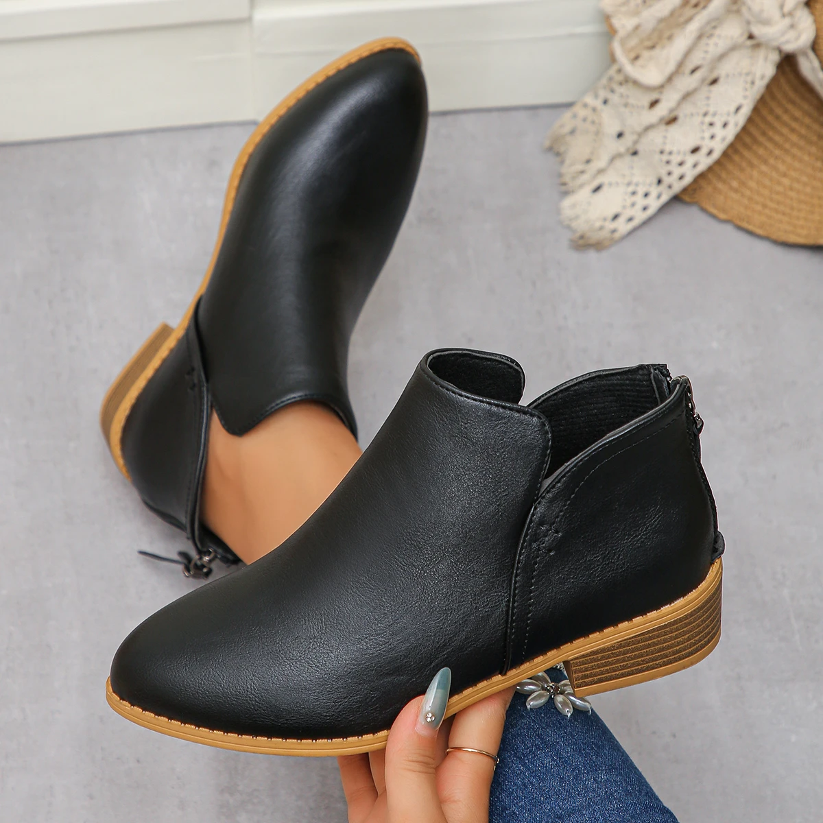 Neue Damen-Schuhe im britischen Stil, einfarbig, Low-Top-Flats, Reißverschluss, Rückengurt, dicker Absatz, dünner Stil für alle Jahreszeiten, Größe Schuhe für Damen