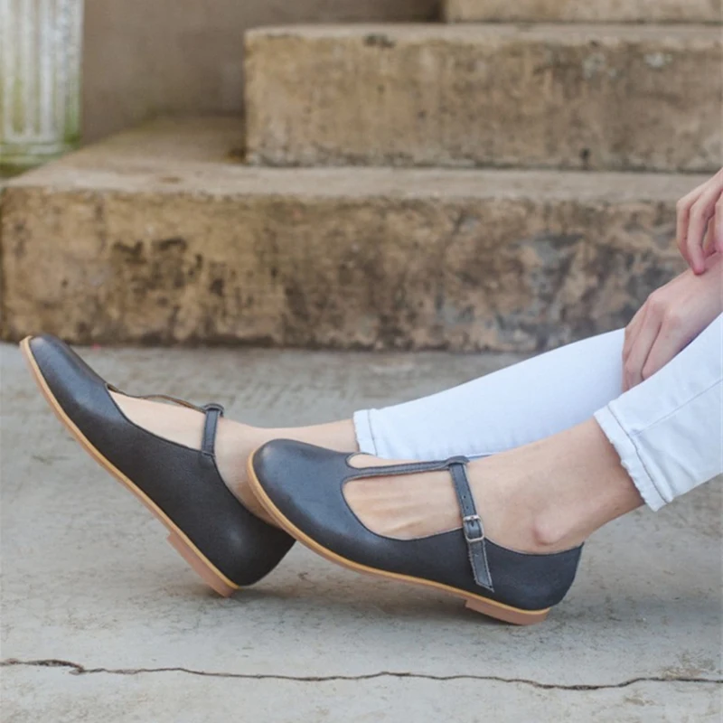 Bequeme Damen-Flats-Schuhe, Retro, handgefertigt, T-Riemen, Vintage, lässig, flache Loafer-Schuhe, Damen, große Größe 11, 45, 47, 48, Marke