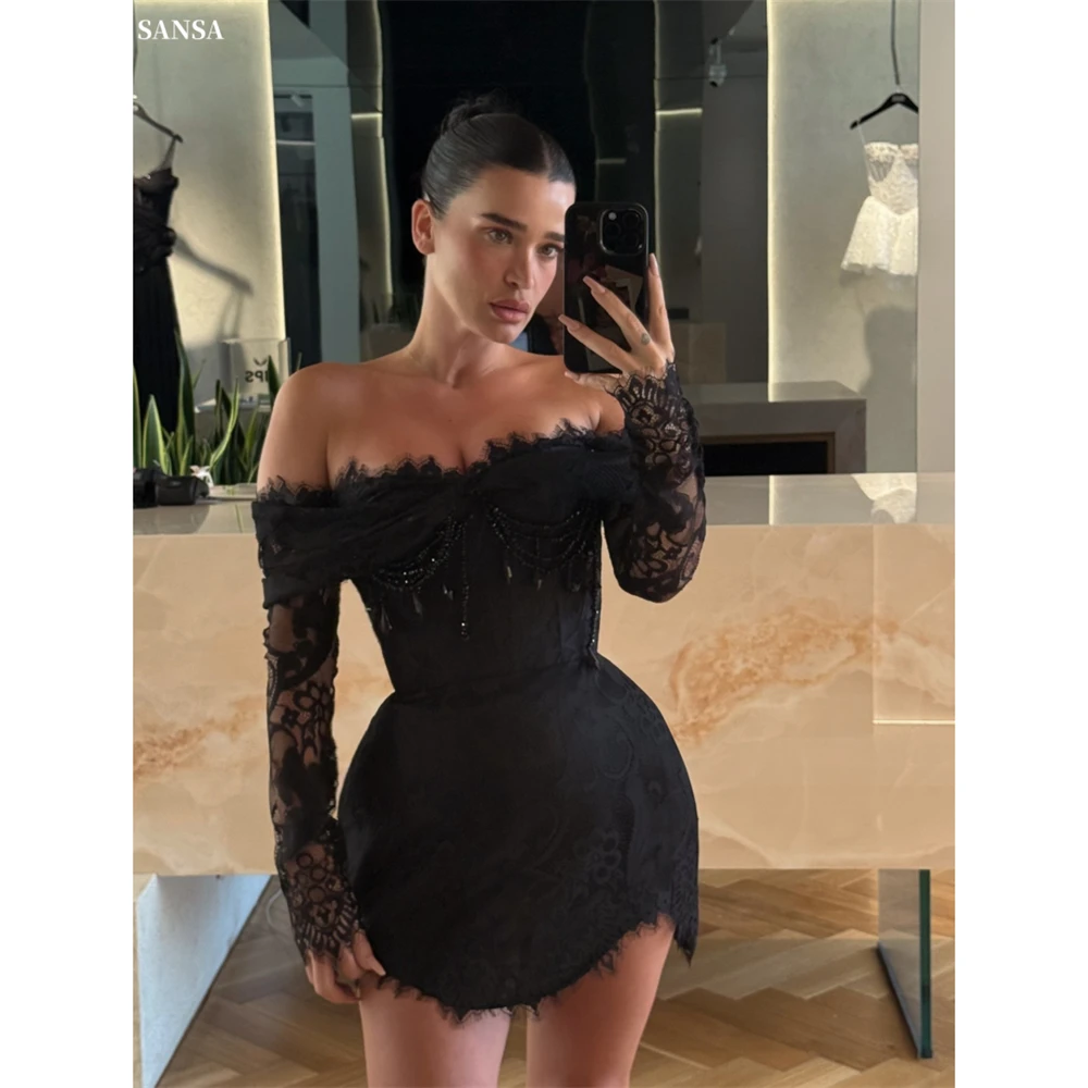 Sansa personnalisé noir strass Mini Illusion robe De bal gaine épaules nues robes De Noche à manches longues soirée formelle