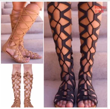 Römische Gladiator Bandage Sandalen Frauen Kniehohe flache alias botas femininas Frauen Schuhe Mädchen Sommer hohl Ankle Boot hjm7