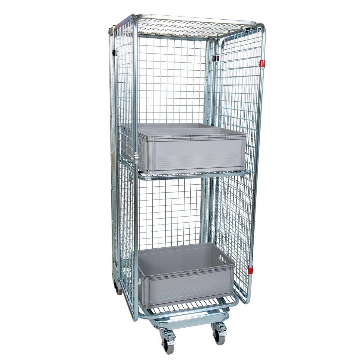 Oswald Transportgeräte Nestbarer Rollbehälter ADB-E, 725 x 820 x 1.890 mm, 5-seitig, 1 Zwischenboden, Diebstahlschutz, Nutzhöhe 1.615 mm, Rollplatte aus Metall, 500 kg Image