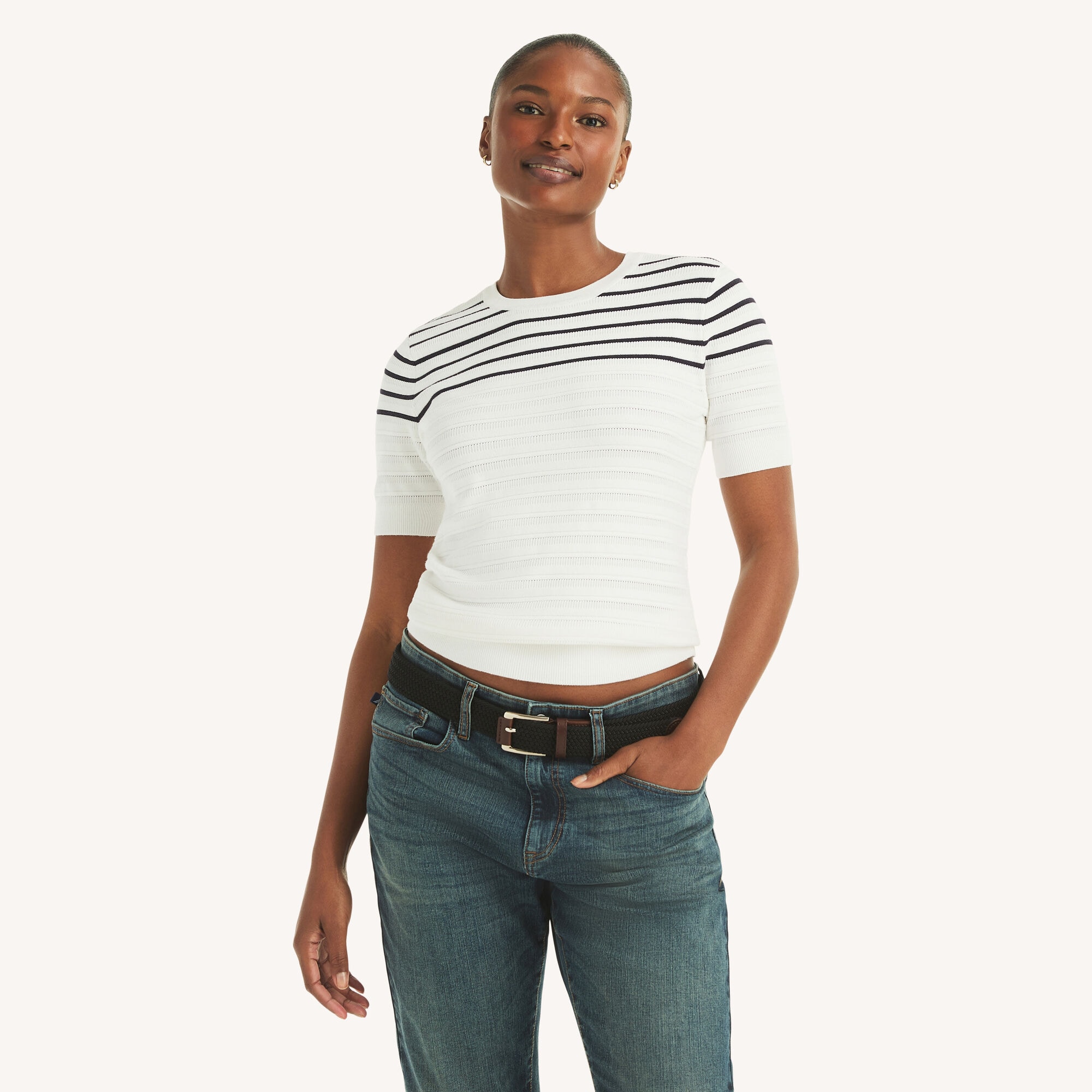 Nautica Women's Striped Short-Sleeve Sweater 101 (Bright White), L