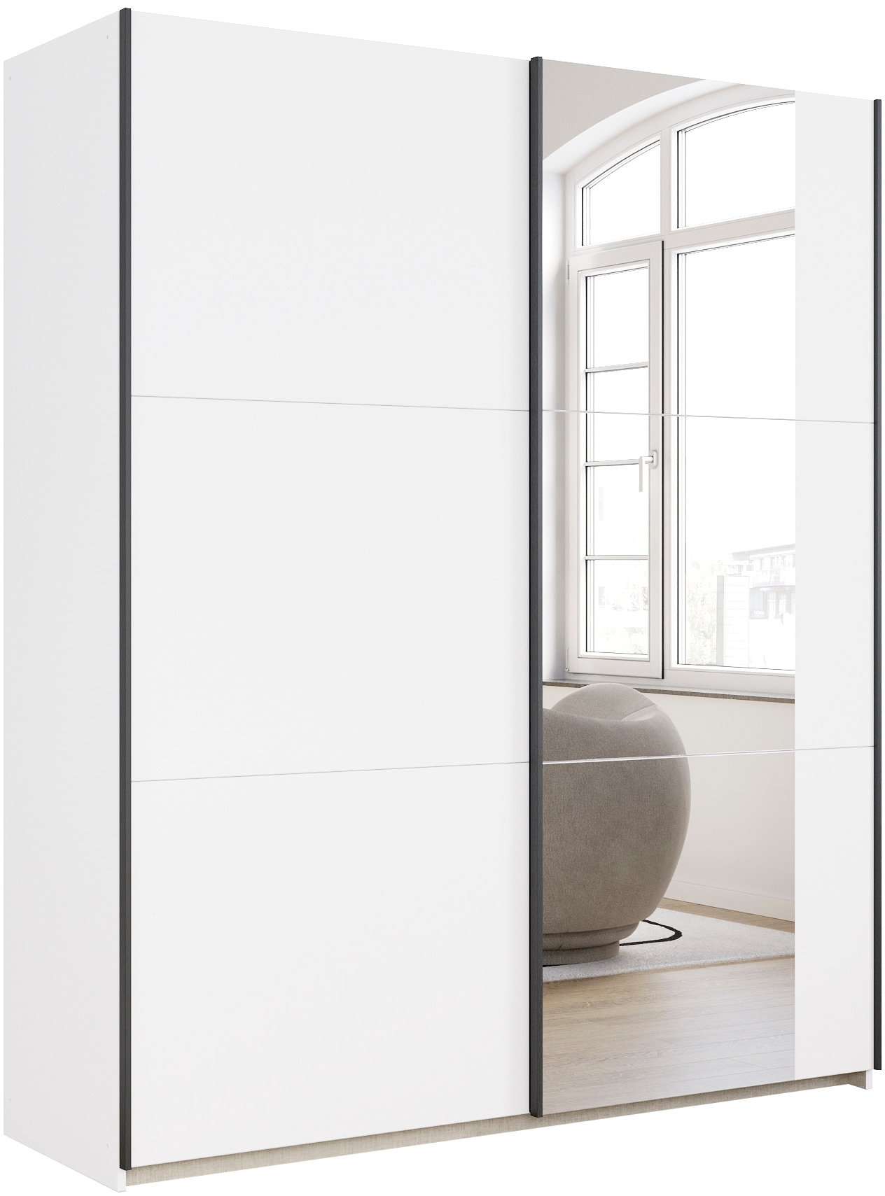 Schwebetürenschrank RAUCH "Kleiderschrank Drehtürenschrank Schrank Garderobe KRONACH TOPSELLER", weiß (alpinweiß, griffleisten grau, 1 spiegel), B:175cm H:210cm T:59cm, Holzwerkstoff, Schränke, Schwebetürenschrank, mit Spiegel und viel Stauraum,...