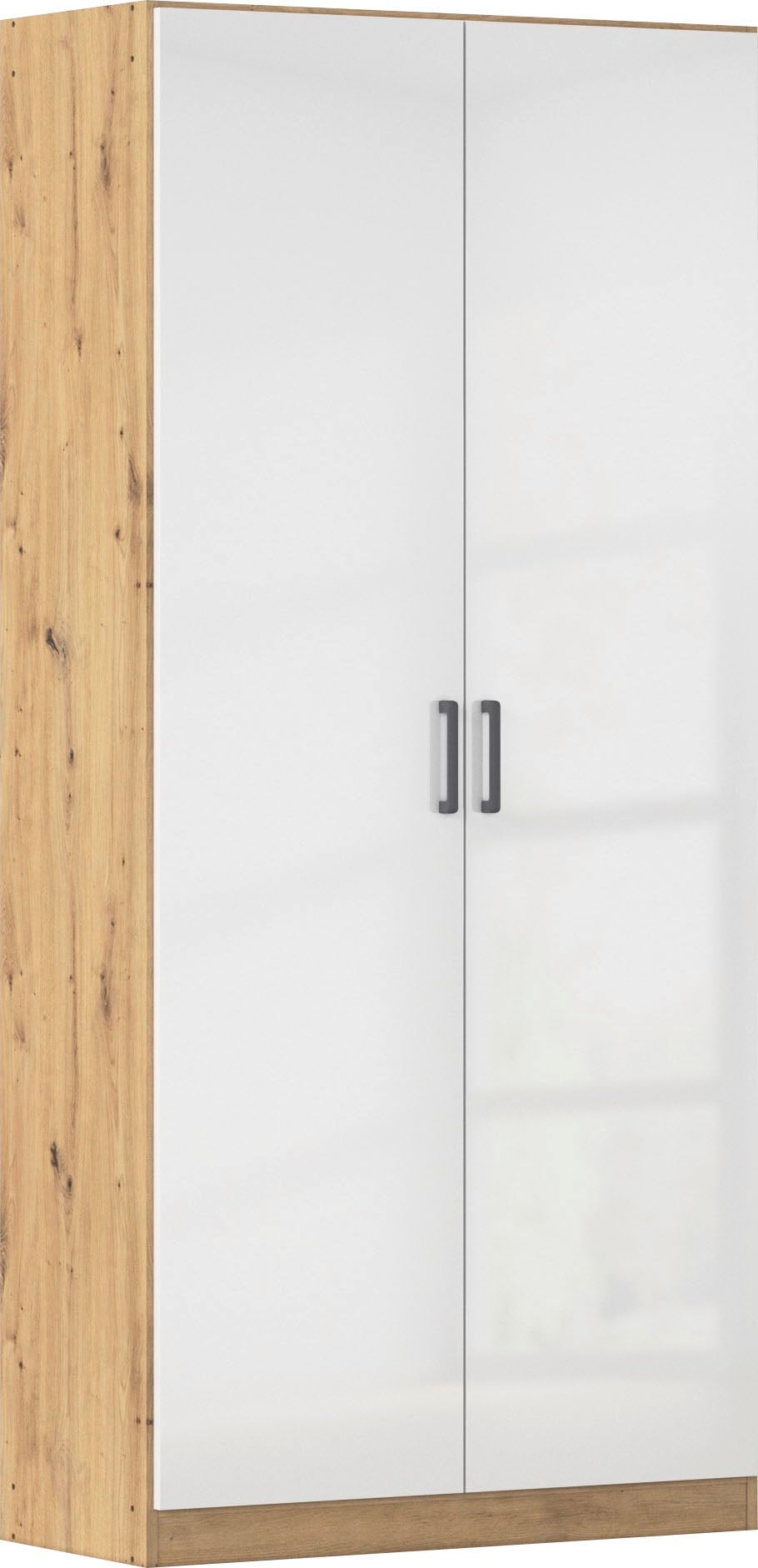 Mehrzweckschrank RAUCH "Garderobe Kleiderschrank Schrank Schuhschrank Putzschrank MINOSA", eiche artisan, hochglanz weiß, griffe graumetallic, B:91cm H:197cm T:41cm, Holzwerkstoff, Schränke, Mehrzweckschrank