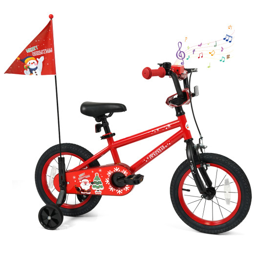 Costway 14 Inch Kids Bike Adjustable with Christmas Music & Flag for Aged 4-5 Years Old