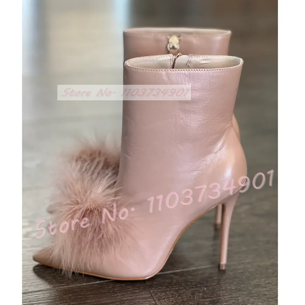 Pelz spitzen Zehen rosa Stiefeletten Frauen Mode Seite Reiß verschluss Feder Stiletto Stiefeletten Damen elegante große High Heels Schuhe