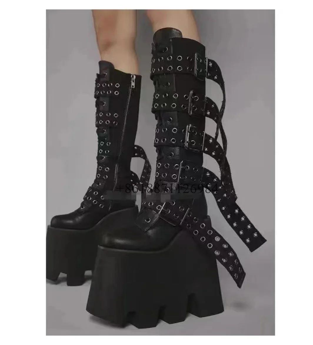 Punk Stil Schwarz Große Runde Kappe Gürtel Schnalle Kniehohe Plattform Frauen Stiefel Seite Zipper Design Große Größe Angepasst schuhe